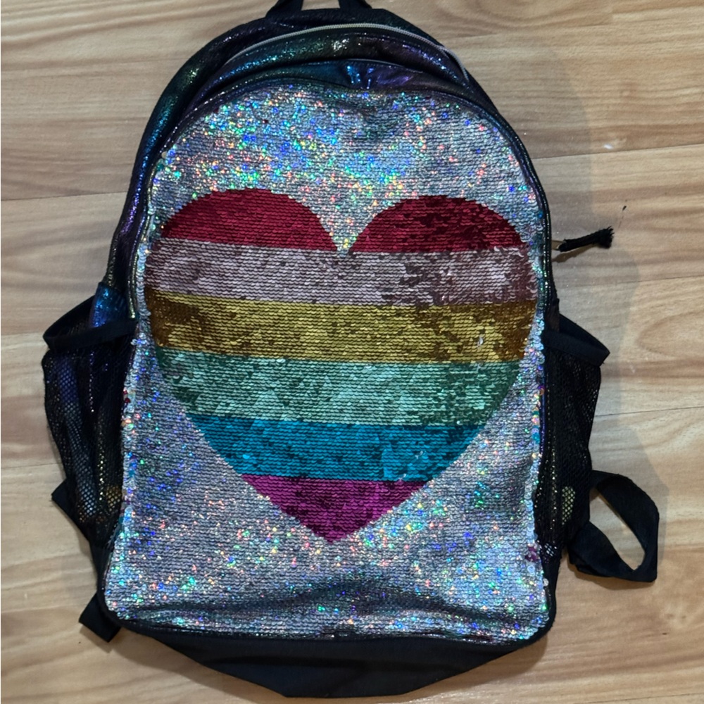 Girls elementary school sized Silver and Pink Sequin Heart Backpack
